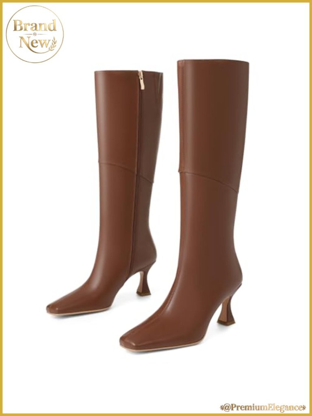 Kitten Heel Knee High Boots Faux Leather Square Toe Tall Boots
